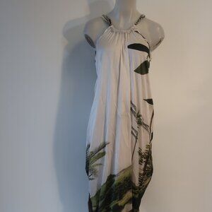 Women Carolina K Off-White Green Tropical Graphic Halter Sleeveless Maxi Dress S